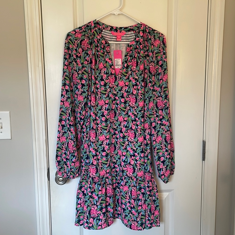 Lilly Pulitzer Pink Green Floral V-Neck Long Sleeve Dress